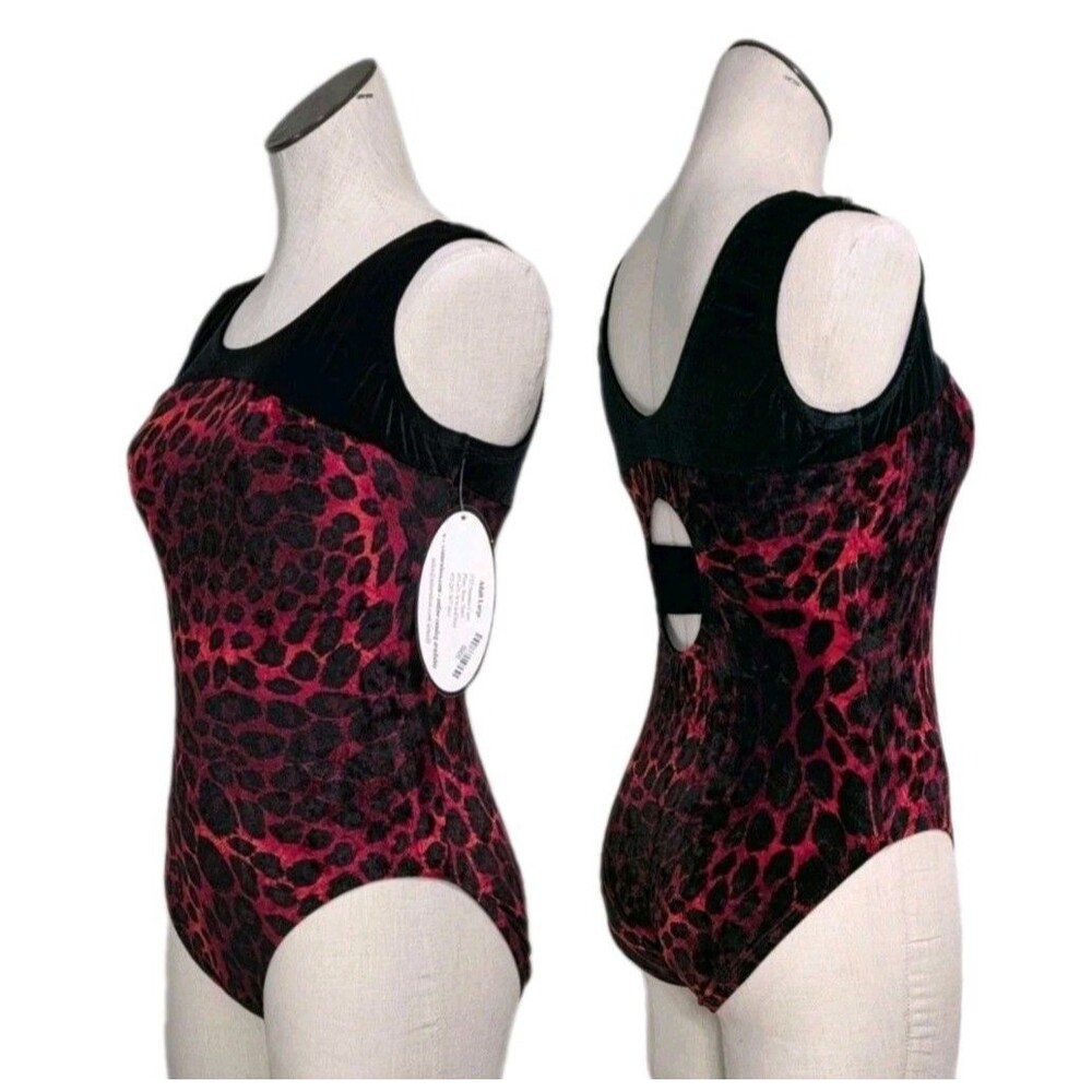 Satara VTG Leopard Print Split Keyhole Velvet Dance Leotard Bodysuit AL Adult L